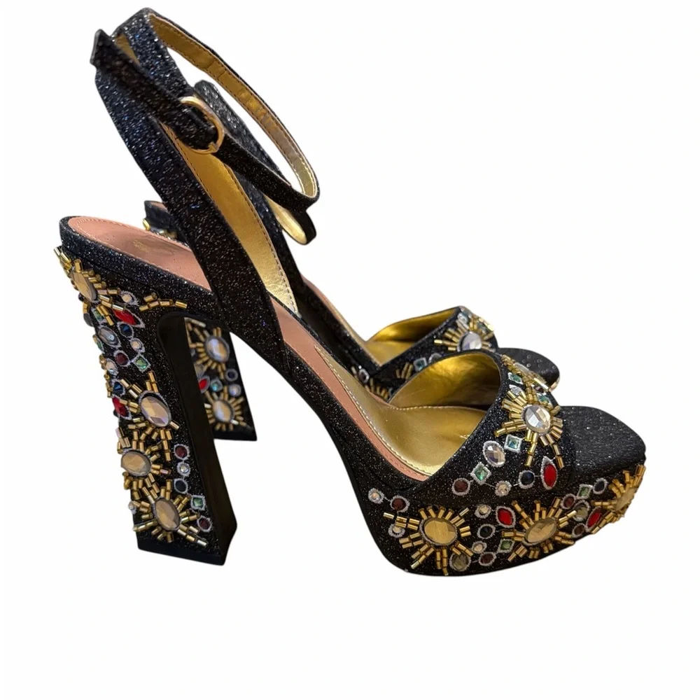 GB Rhinestone Embellished Platform Heels Black Statement Sandals Size 9 NWOB